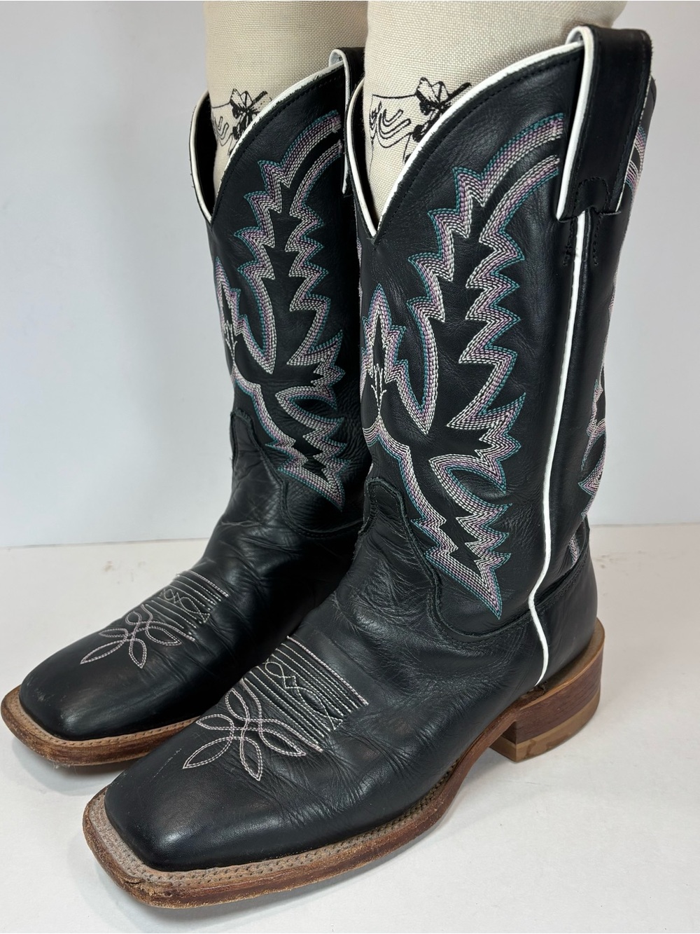 Justin BRL316 Bent Rail Boots Womens Sz 6B Black Embroidered Leather Western